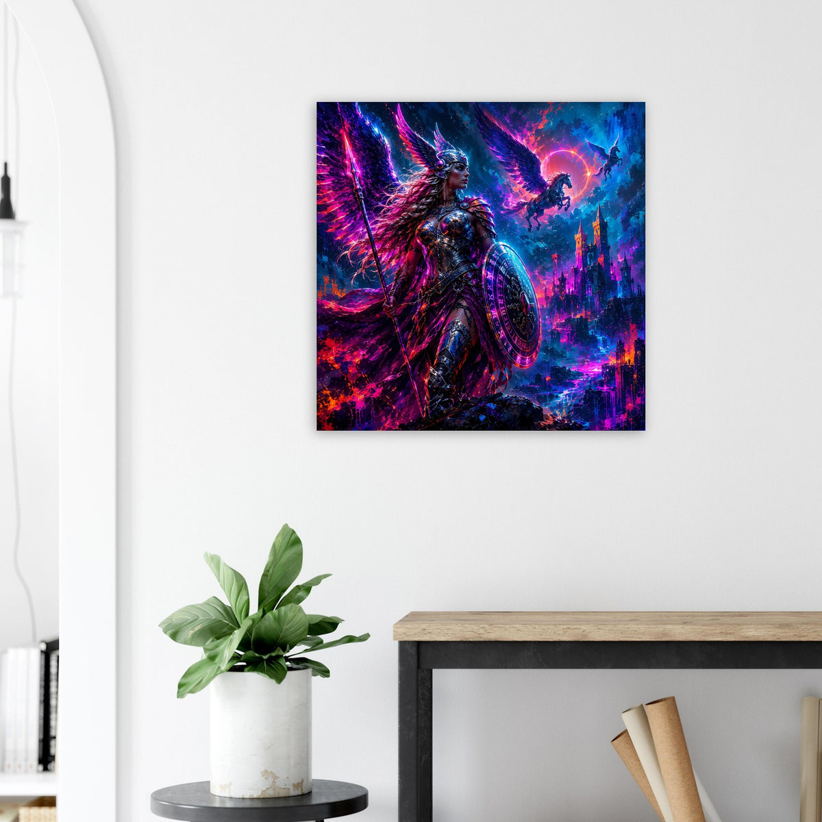 Quadratisches Fantasy-Poster: Valkyrie-Kriegerin im violett-blauen Stil mit leuchtendem Umriss