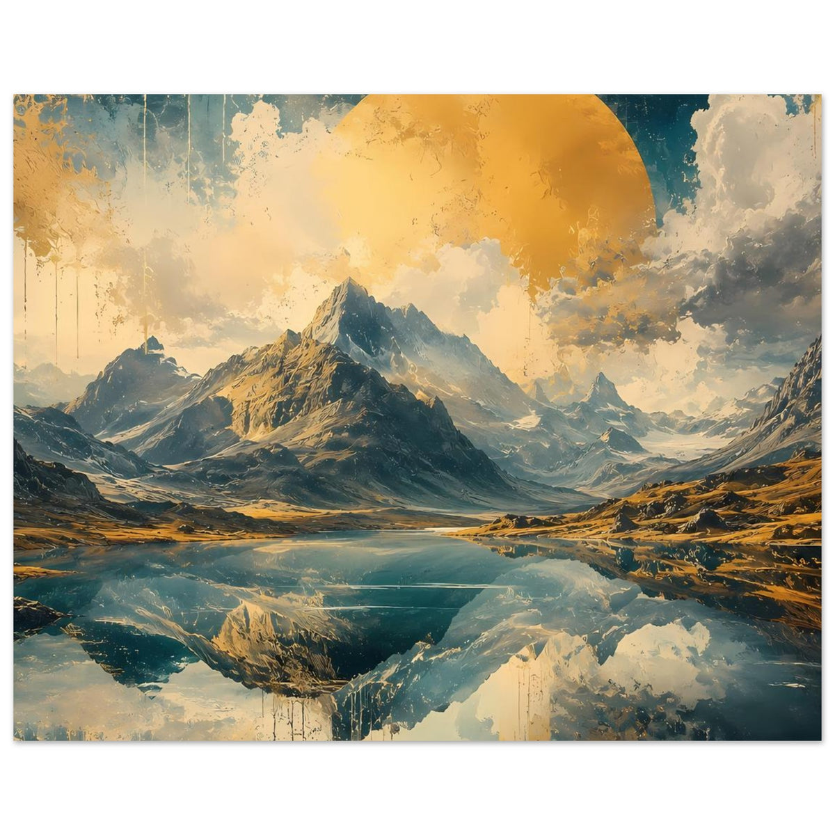 Querformat-Wandposter mit goldener Sonnenscheibe, Bergtal und blauen Reflexionseffekten