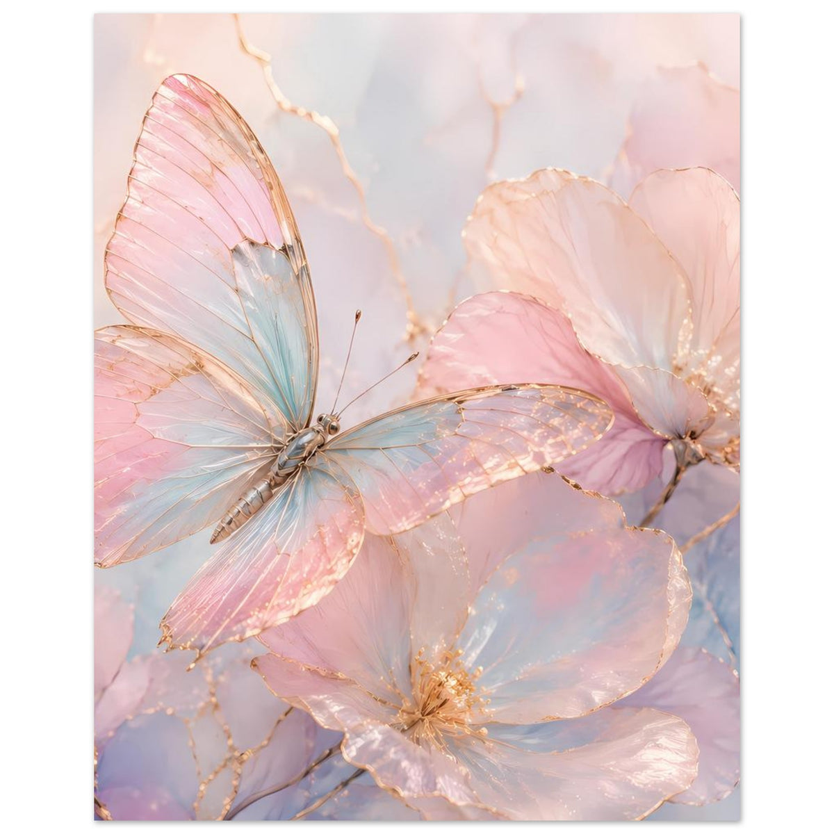 Aquarell-Poster mit Schmetterling und Blüten in Rosé, Blau und Gold