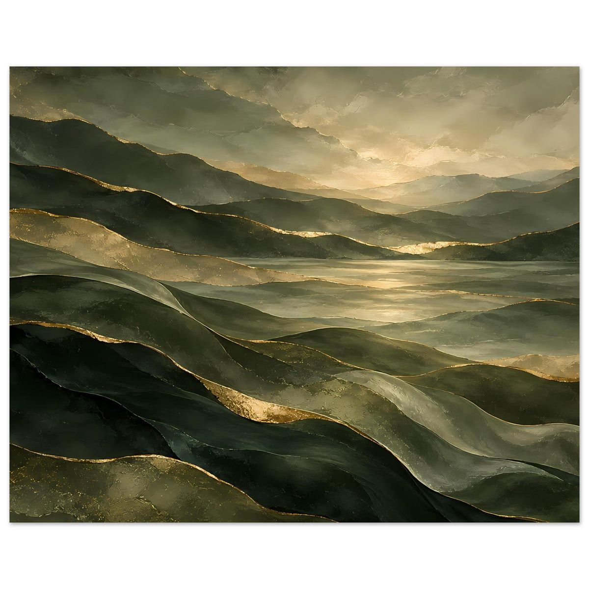 Querformat-Landschafts-Poster mit dunklen grünen Hügelflächen und goldenen Lichtreflexen