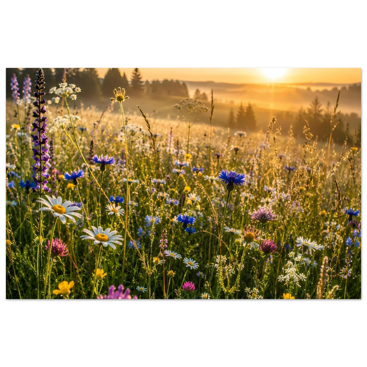 Wildblumenwiese-Poster im Querformat mit farbigen Wiesenblumen in goldener Abendstimmung