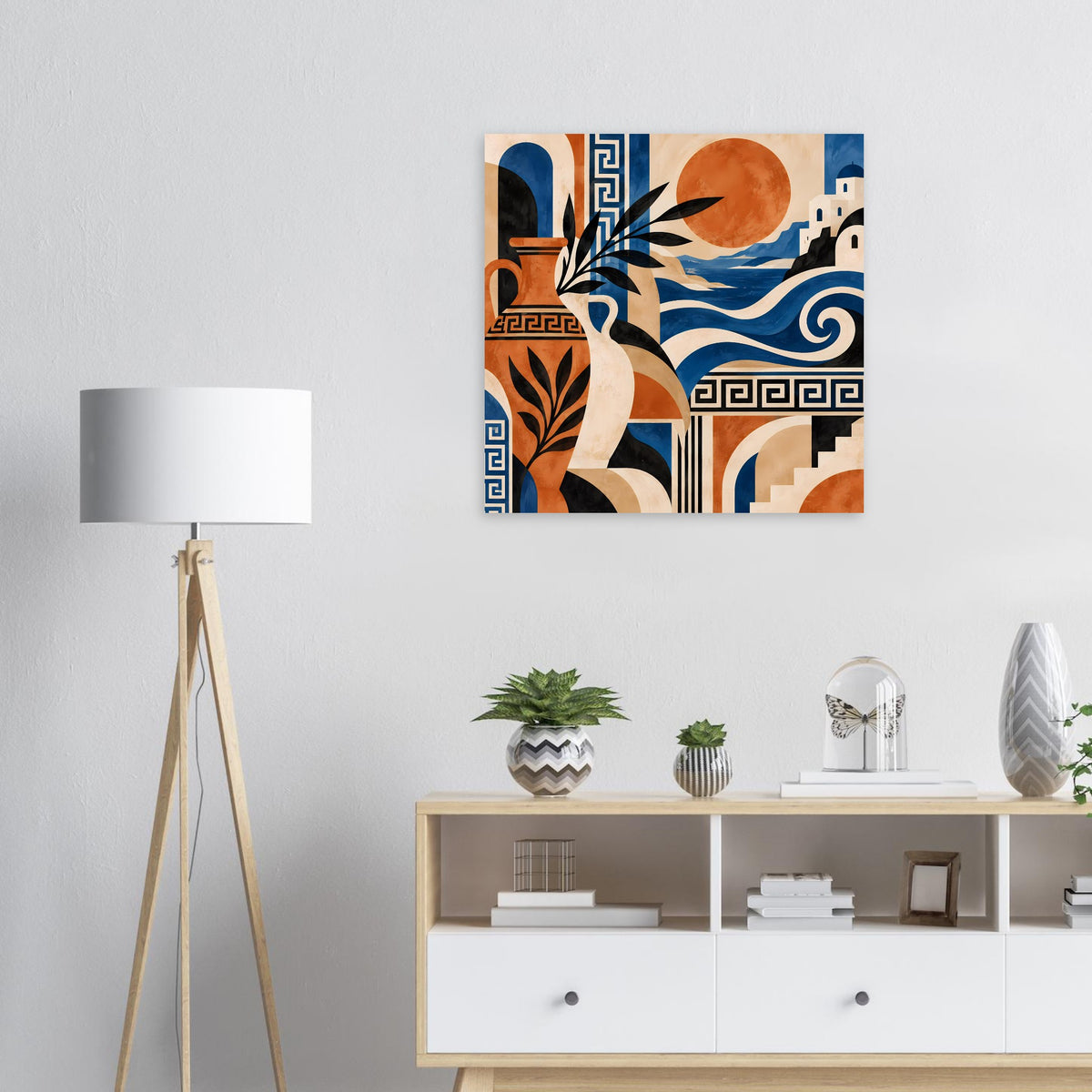 Abstrakter quadratischer Kunstdruck mit Frauensilhouette, Sonne, Vogel, Wellenmuster und Gebäudebögen