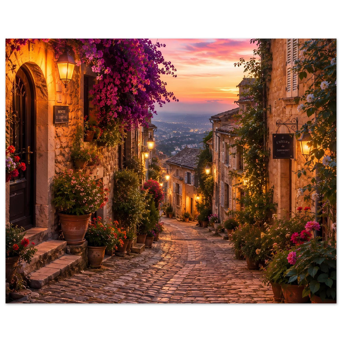 Poster mit Altstadtgasse bei Sonnenuntergang, vielen Pflanzenkübeln und warmen Laternen