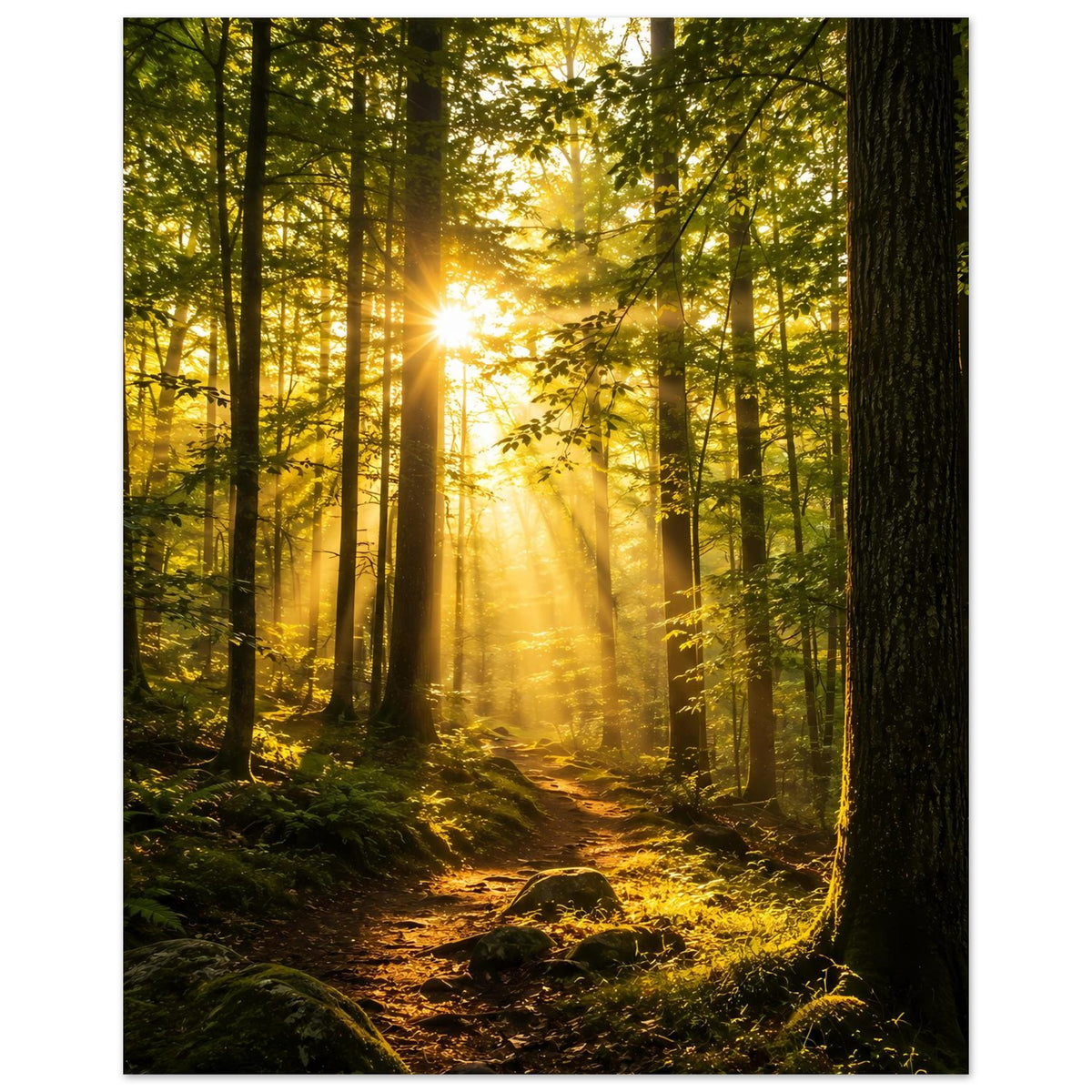 Kunstdruck-Poster Sonnenaufgang im Wald: helles Sonnenlicht durch Bäume, Moosweg unten.