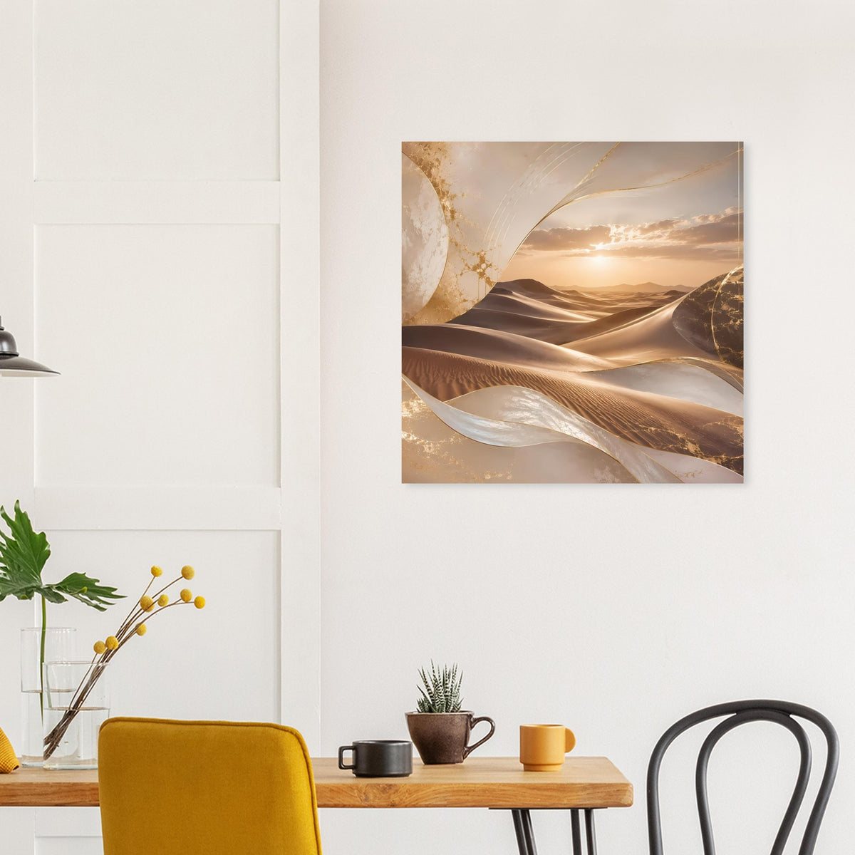 Quadratisches Poster mit goldenen Wellenformen und Sonnenuntergang über Dünen
