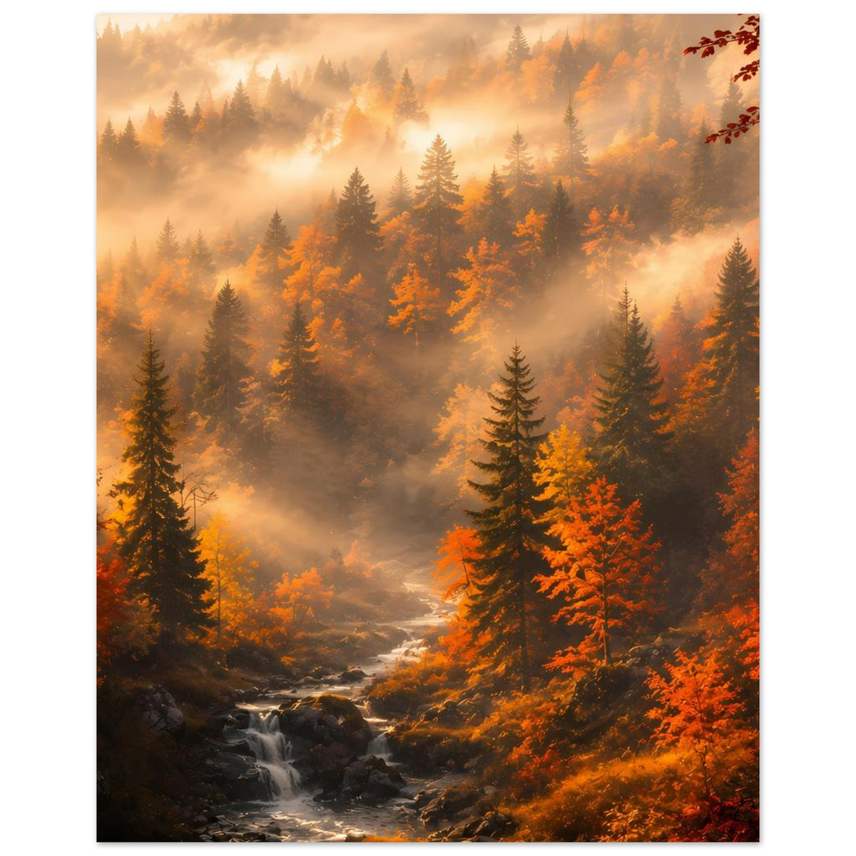 Herbstlandschafts-Poster mit nebeligem Wald, Tannen und orangeem Laub im Vordergrund