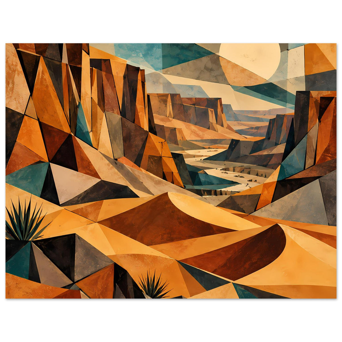 Geometrisches Wüstenlandschafts-Poster, horizontales Motiv mit Kaktus, Ocker, Braun, Blau, Mond