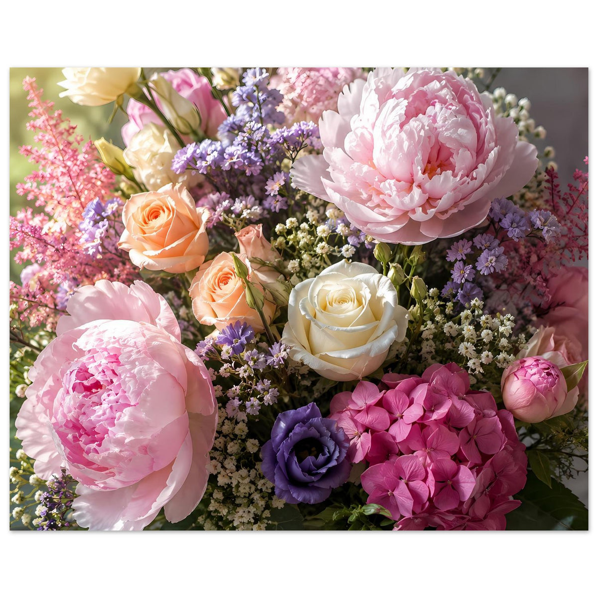 Poster mit pastellfarbigem Blumenstrauß, Pfingstrosen, Hortensien und orangefarbene Rosen