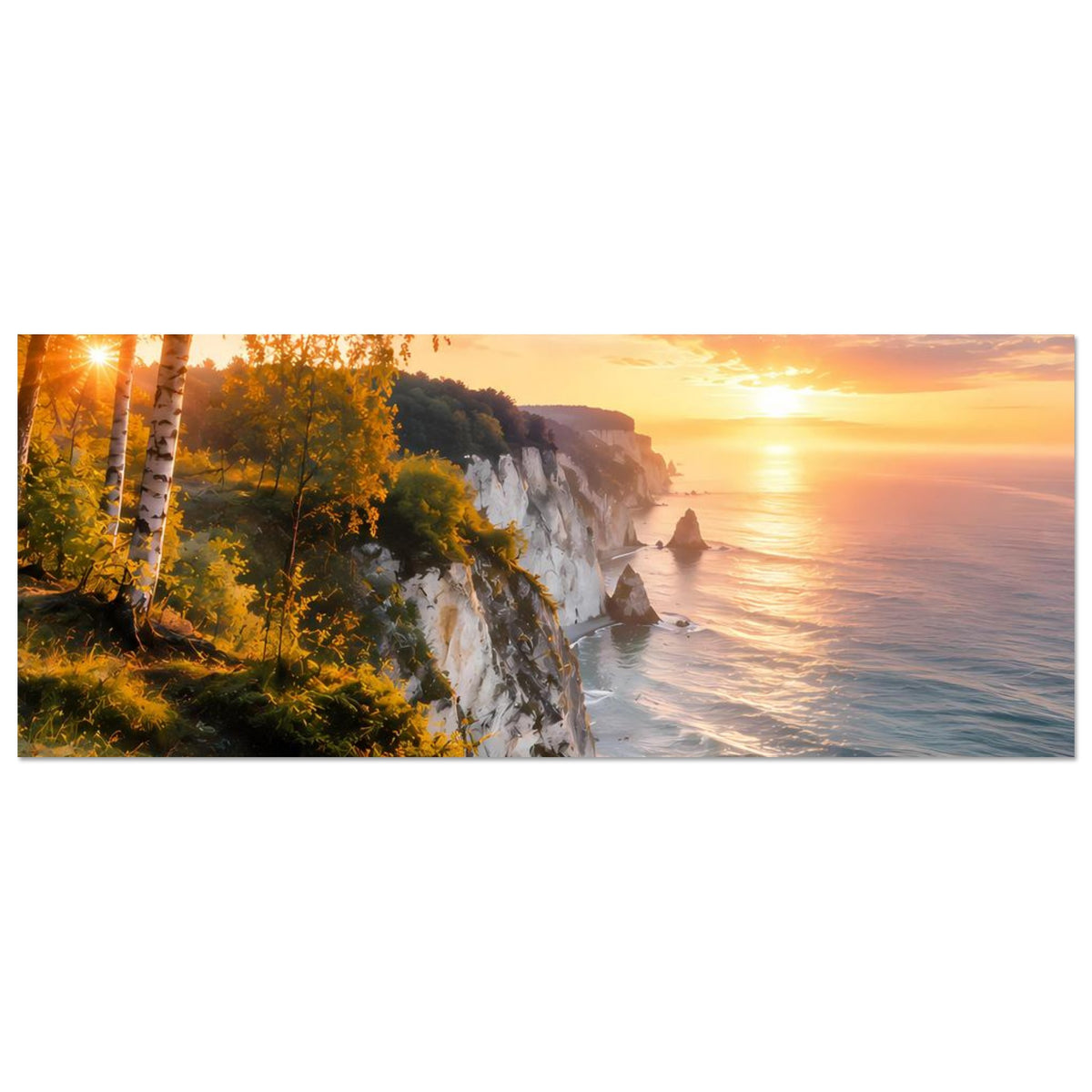 Horizontales Poster mit Sonnenuntergang an Küstenklippen, Meerlinie und Wellen
