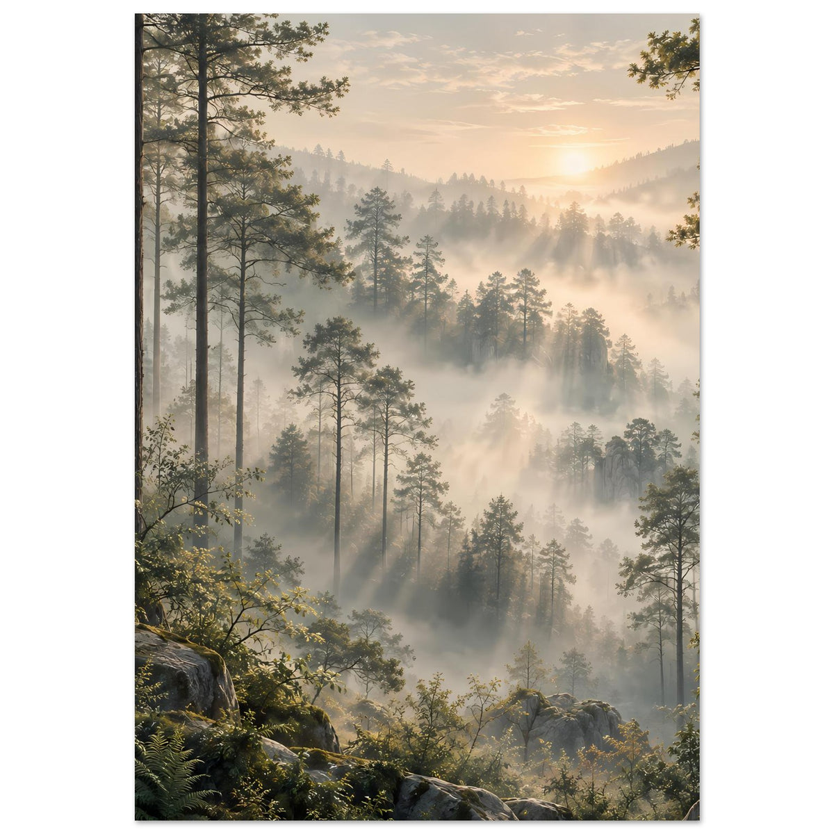 Waldlandschafts-Poster mit Sonnenaufgang, lichtem Dunst und felsigem Vordergrund