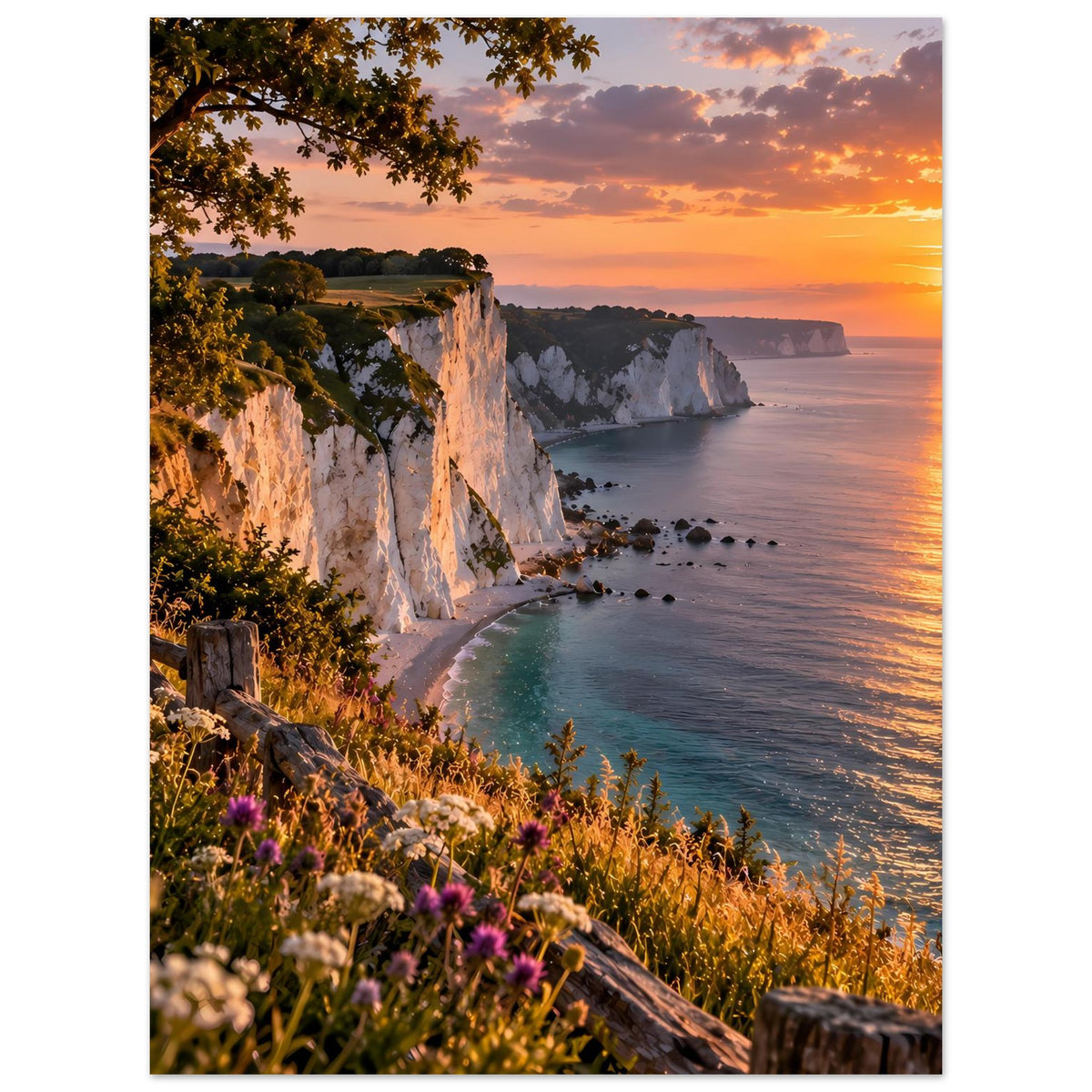 Vertikales Poster mit weißen Kreidefelsen, Küste und blühender Wiese im Sonnenuntergang