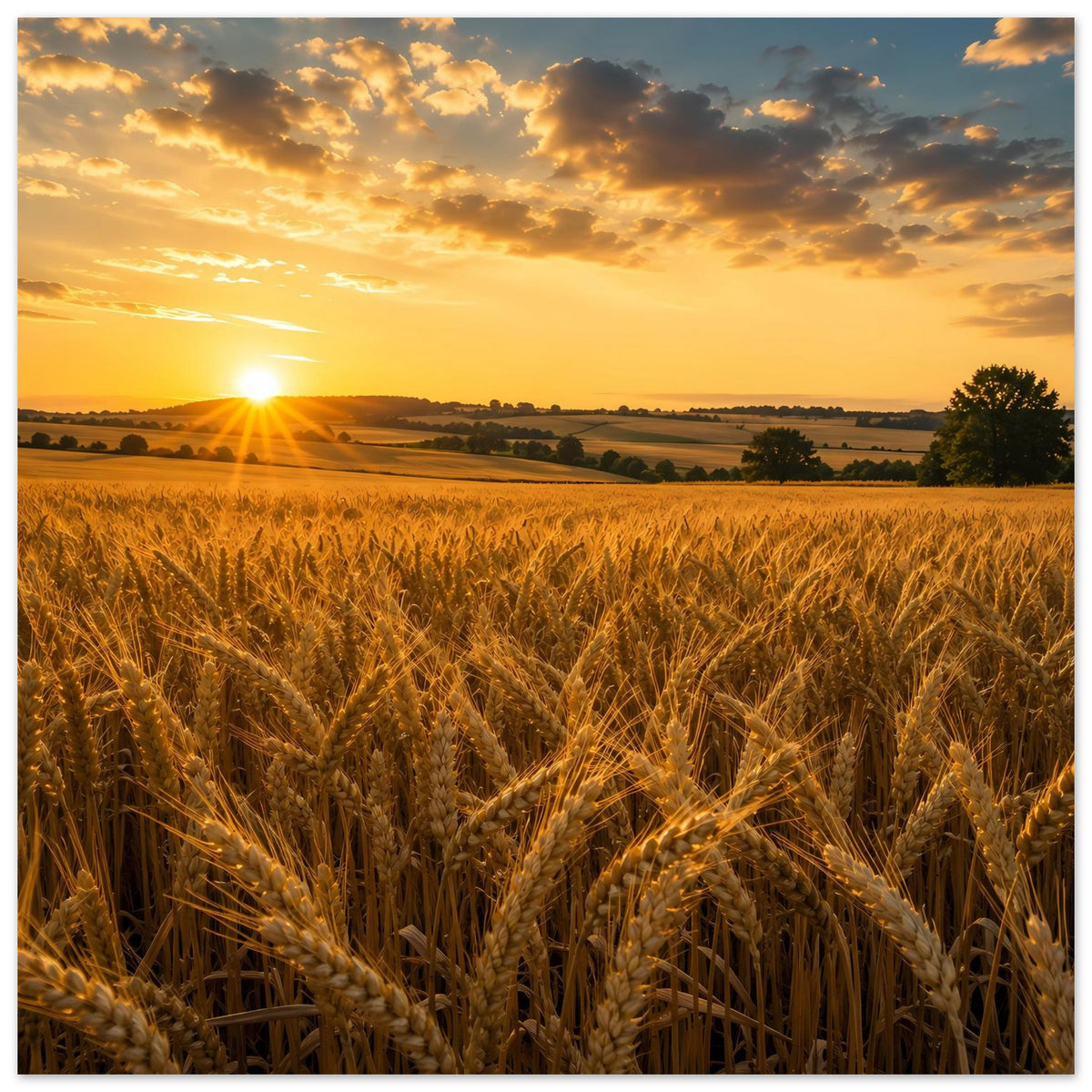 Landschaftsposter mit Weizenhalmen, warmem Himmel und aufgehender Sonne über Feldern