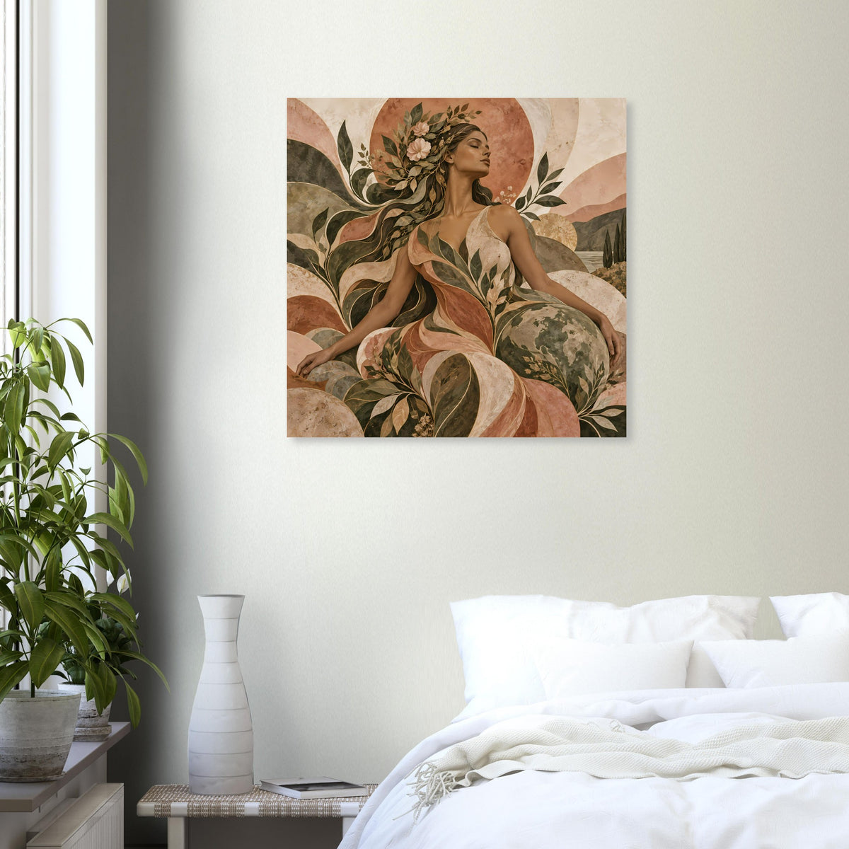 Kunstposter mit Frauengestalt im Blattwerk, warmes Beige, Braun und Grüntöne
