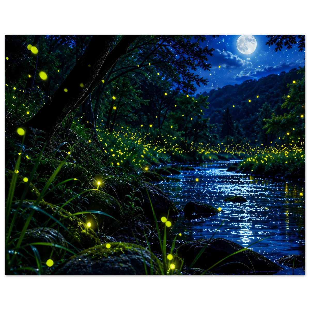 Querformat-Poster: nächtlicher Fluss im Wald mit leuchtenden Glühwürmchen und hellem Mond