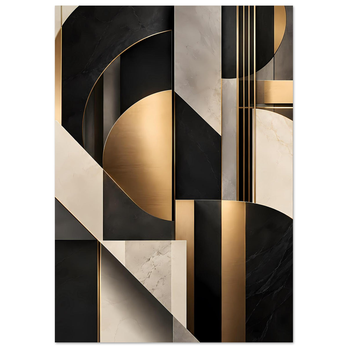 Geometrisches Kunstposter mit Goldakzenten, schwarzem Hintergrund und Marmoroptik in Rechtecken