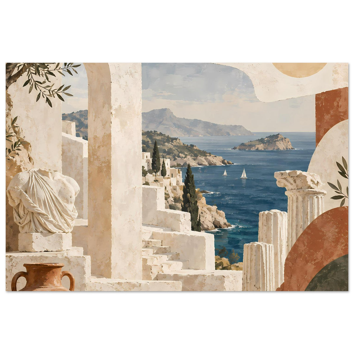 Urlaubs-Poster mit Küstenblick: mediterrane Säulenarchitektur und Segelboote auf ruhigem Meer