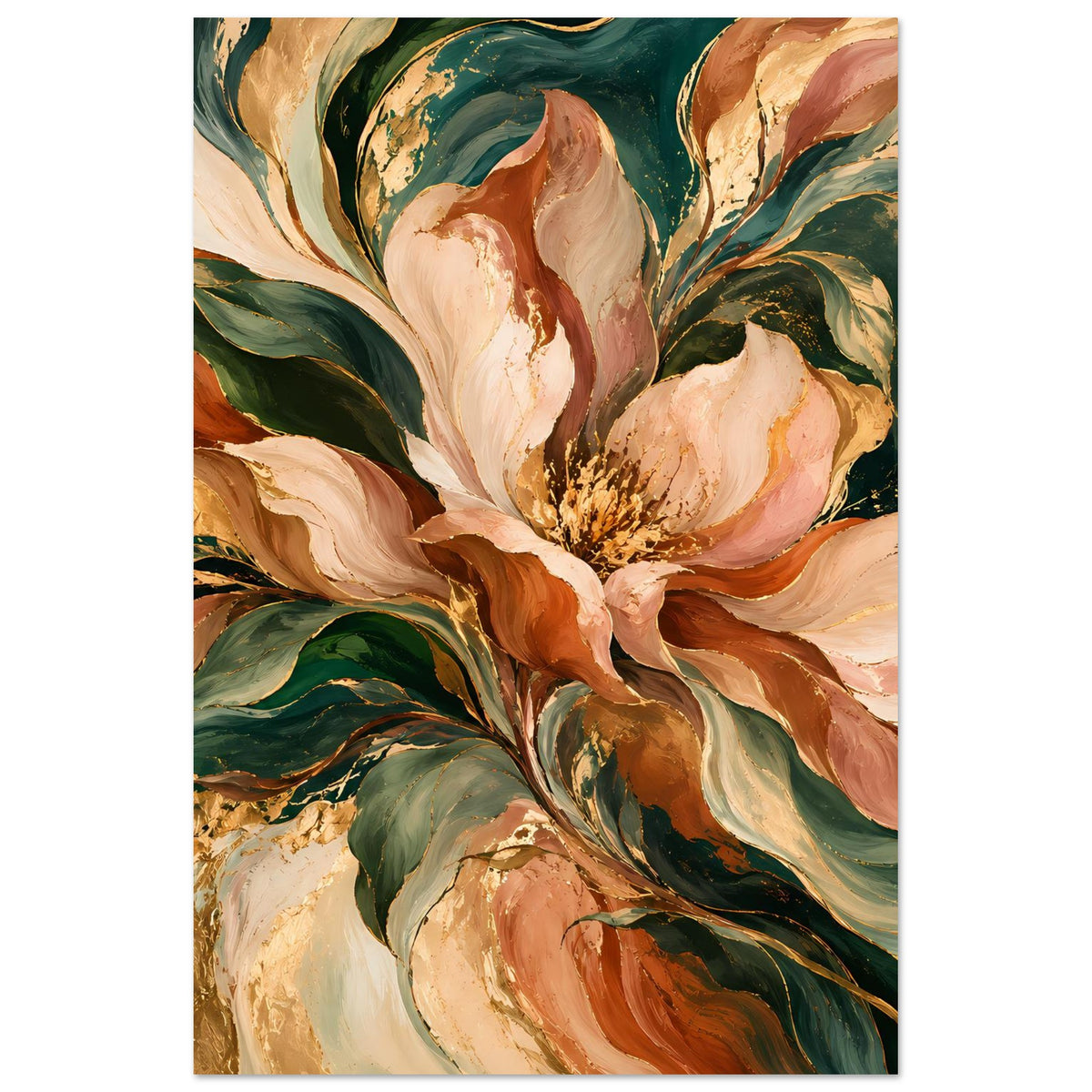 Blumenposter mit abstrakten Blüten in Pfirsich, Beige und Grün auf mattem Papier