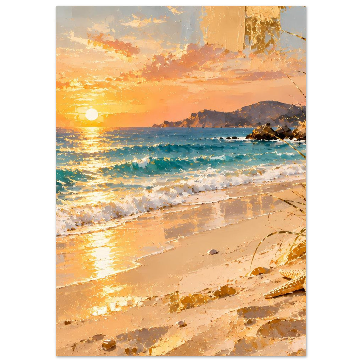 Vertikales Poster: Küste mit Meer, untergehender Sonne und Sandstrand in warmen Farbtönen