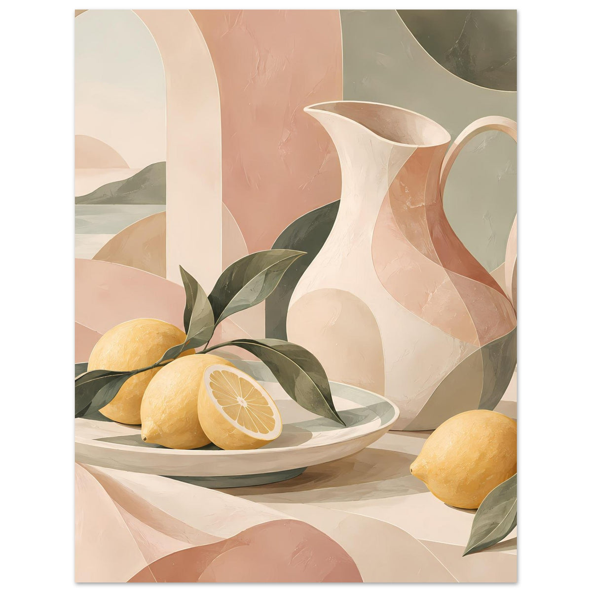 Mediterranes Stillleben-Poster mit weißer Kanne, Zitronen auf Teller und grünen Blättern, kompakte Ansicht