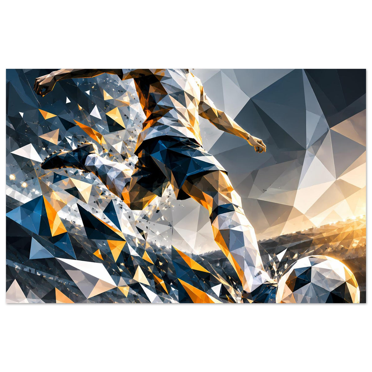 Fußball-Actionposter im geometrischen Stil, spielender Athlet mit Ball, Blau und Orange, horizontal