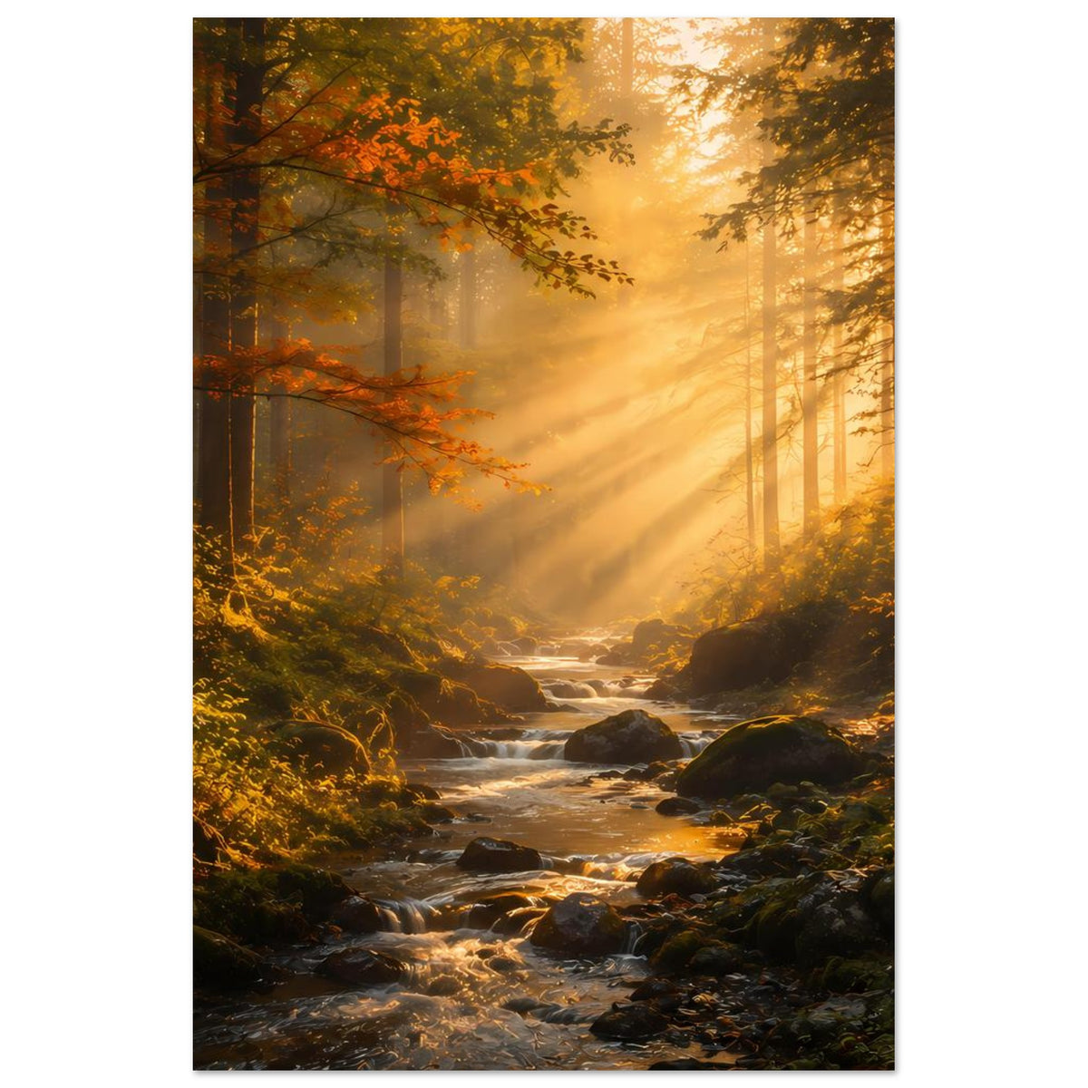 Poster Wald-Sonnenaufgang hochkant: Sonnenstrahlen, dichter Wald, Bach zwischen Steinen