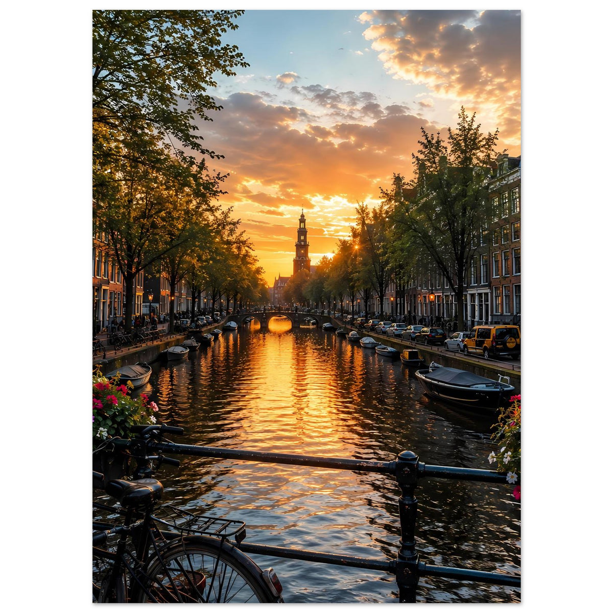 Vertikales Poster mit Sonnenuntergang am Kanal, Baumreihen, Booten und Hausfassaden im Hintergrund