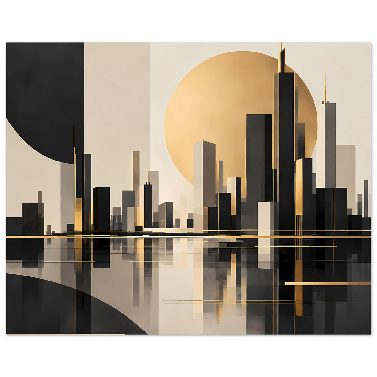 Poster mit abstrakter Stadt-Silhouette, goldenem Halbmond und Reflexion im Wasser