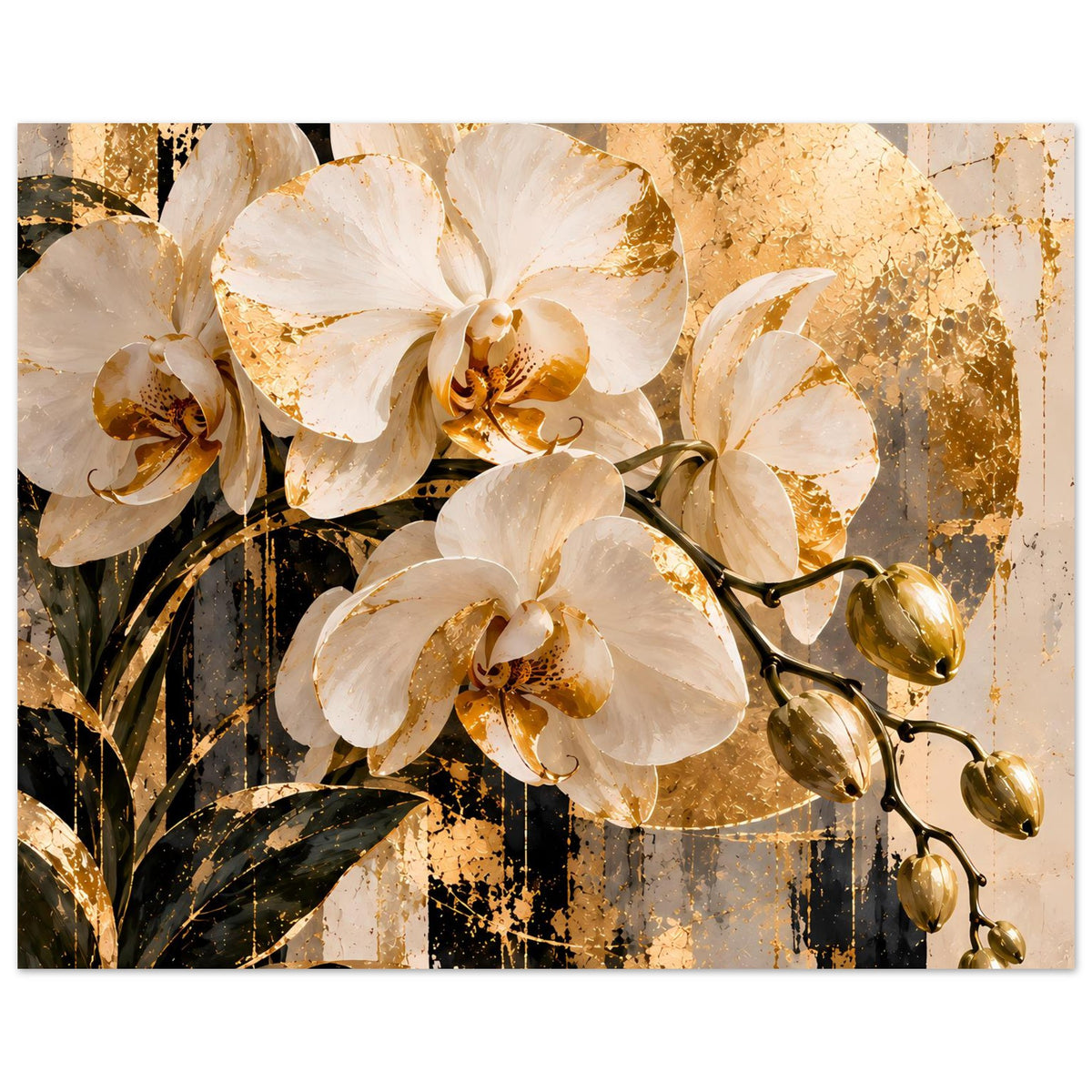 Orchideen-Wandbild, große weiße Blüten mit goldenen Partien, horizontal