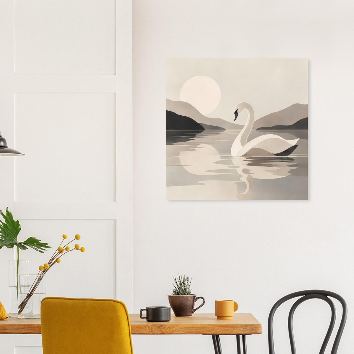 Poster mit Schwan im spiegelnden Wasser und Bergen, ruhiges Minimal-Motiv