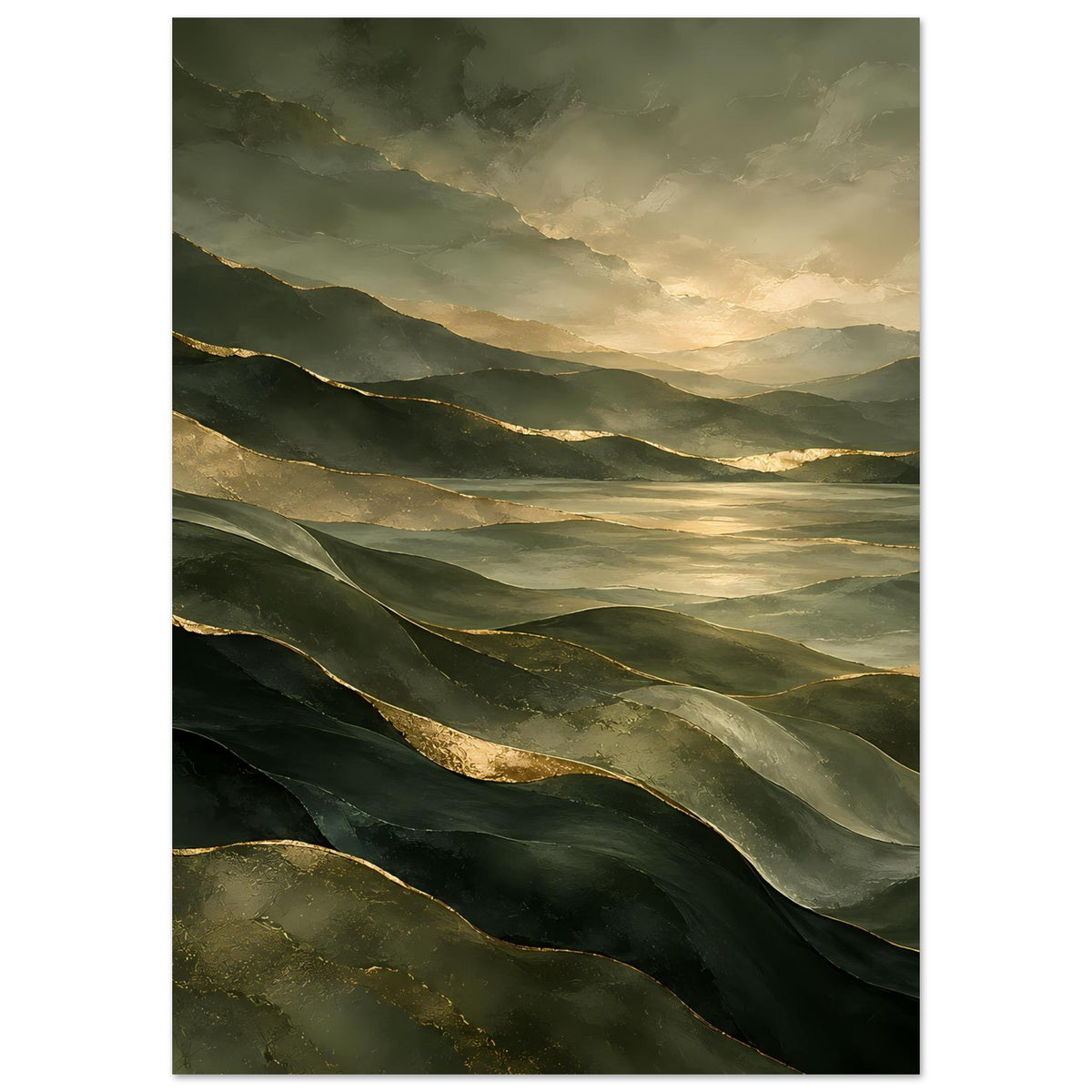Vertikales Landschafts-Poster mit grünen Hügeln, goldenen Akzenten und ruhigem Tal
