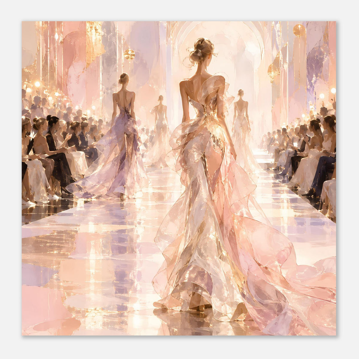 Quadratisches Poster mit Model im rosigen Glitzerkleid auf dem Laufsteg, seitliche Zuschauer