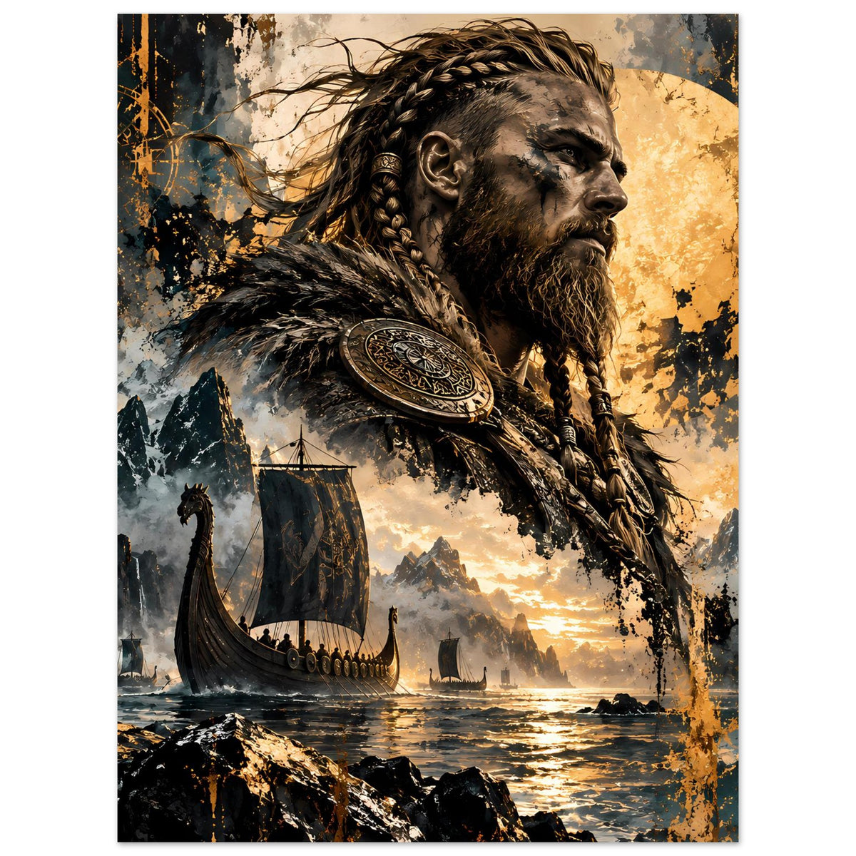 Poster mit Wikingerkrieger im Hochformat: Profilansicht, geflochtener Bart, Fellumhang und Schild.