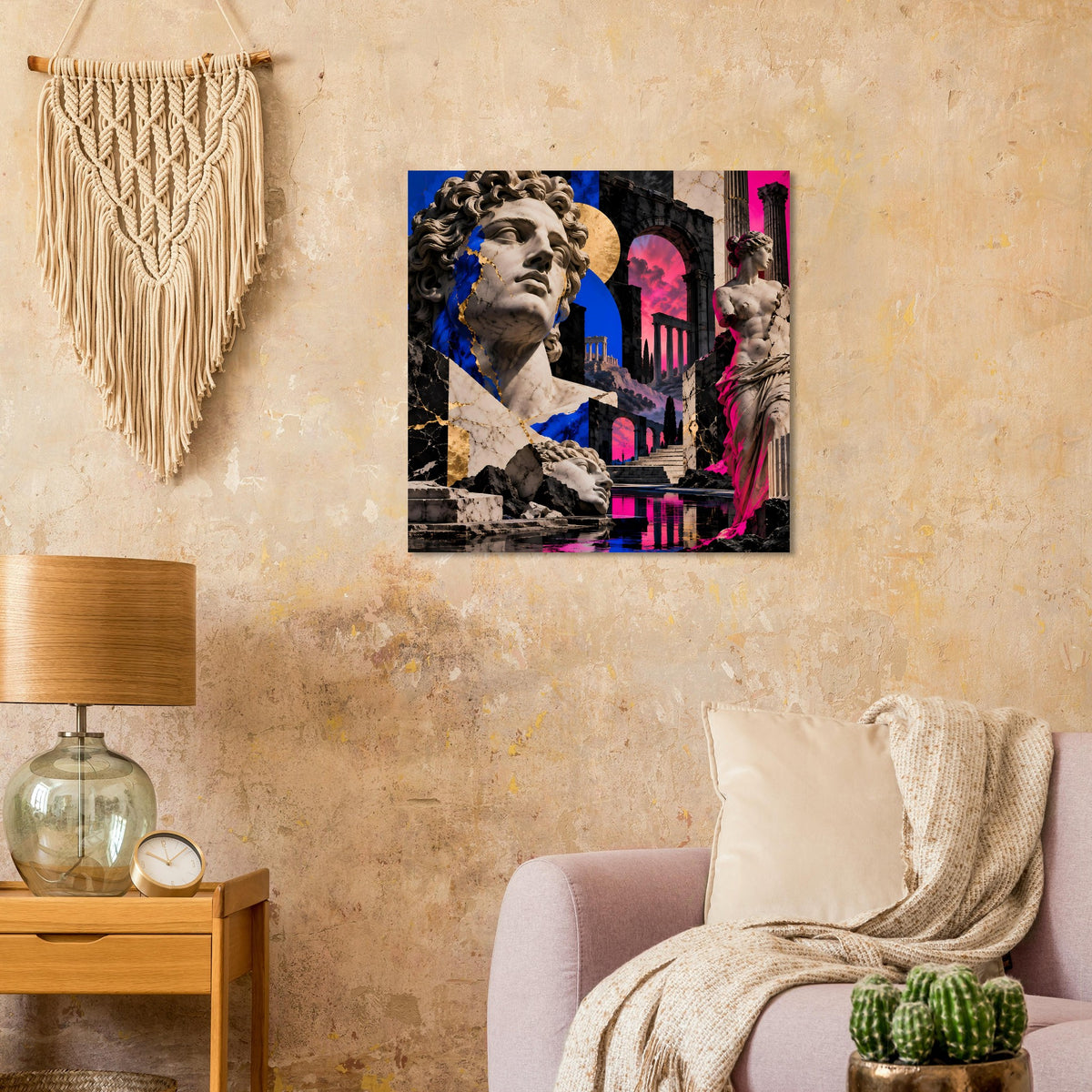 Kunstposter: klassische Skulpturbüste mit Blau- und Pinkfarben, Säulen und Straße