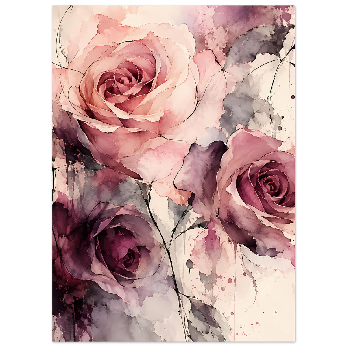 Wasserfarben-Rosenposter im Hochformat mit rosa Rose, zwei violetten Rosen und Spritzpunkten.