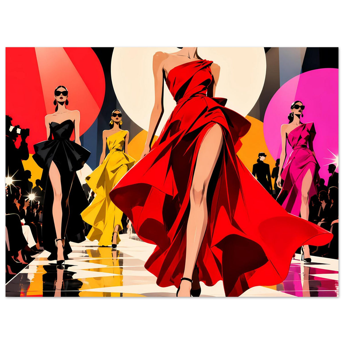 Modeposter: Frau im roten Kleid mit weitem Rock und schwarzer Maske, weitere Models.