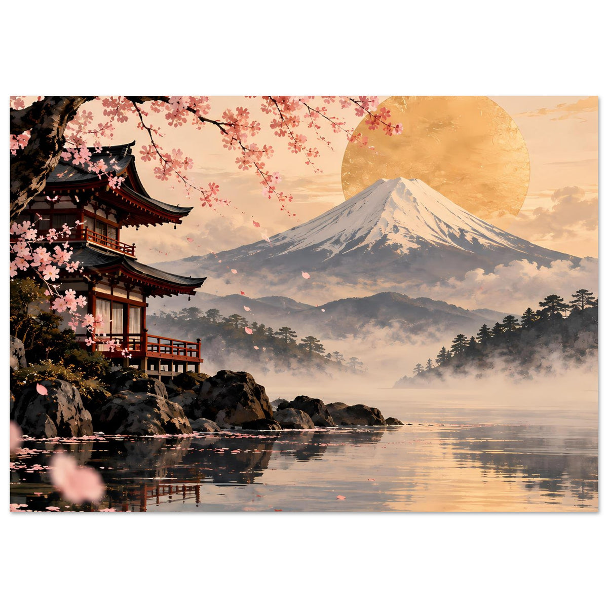 Poster mit Kirschblüten, Fuji-Berg und goldenem Mond über ruhigem Wasser und Tempel