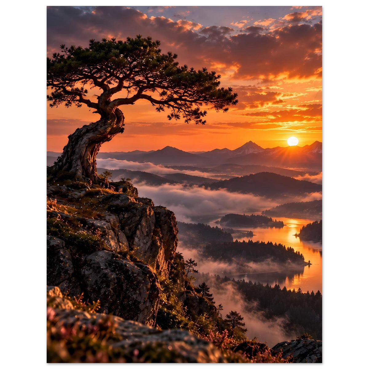 Poster: Baum auf Felsen, warmer Sonnenuntergang, Berge, Nebel und See im Hintergrund
