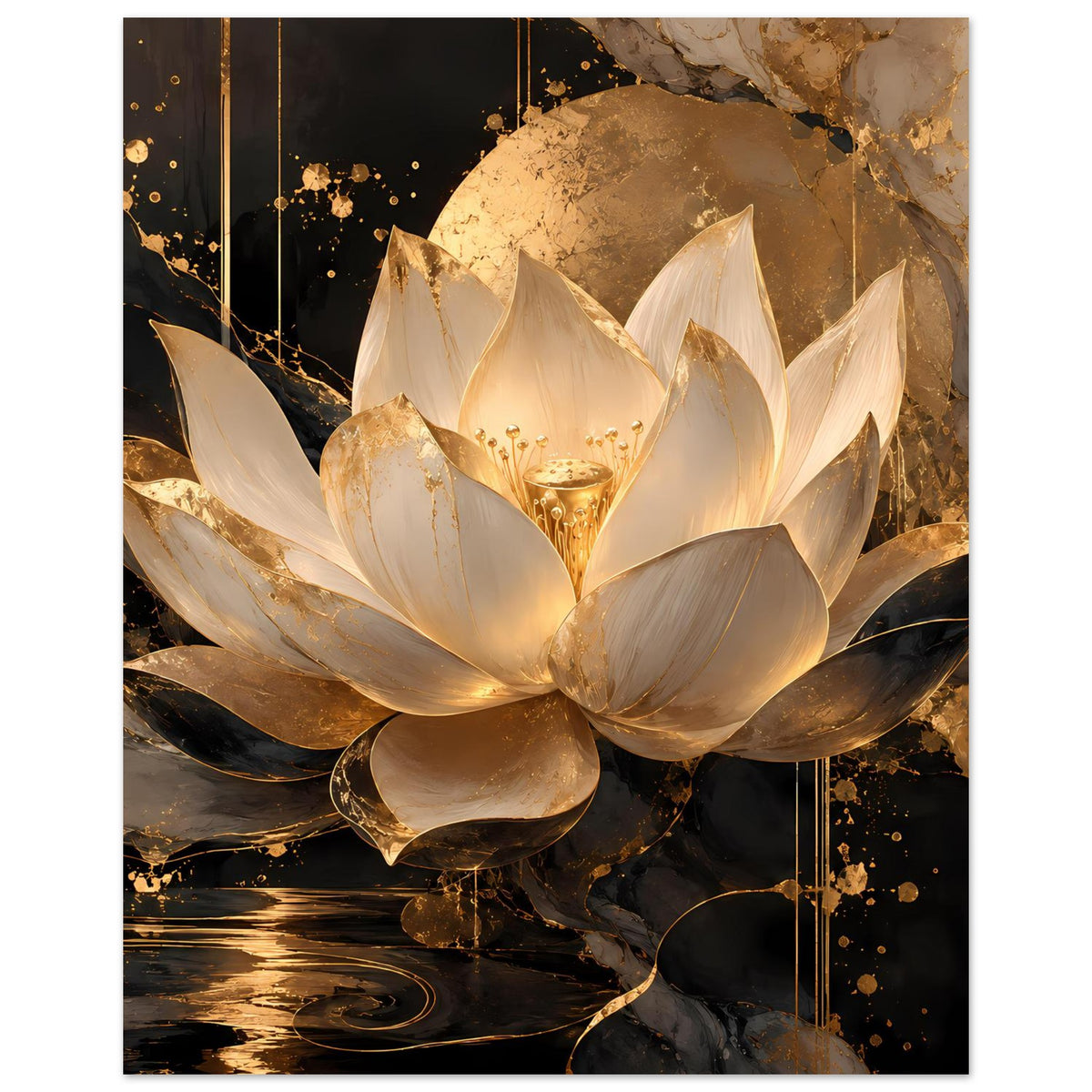 Lotusblüten-Poster im Hochformat mit goldener Krone und elfenbeinfarbenen Blütenblättern.