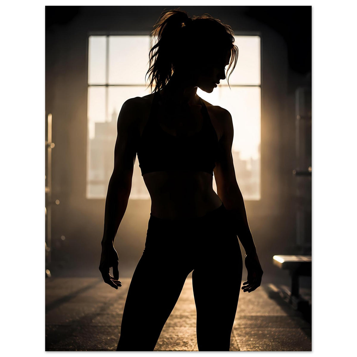 Fitness-Poster mit Silhouette einer Sportlerin im Seitenprofil, Arme herabhängend
