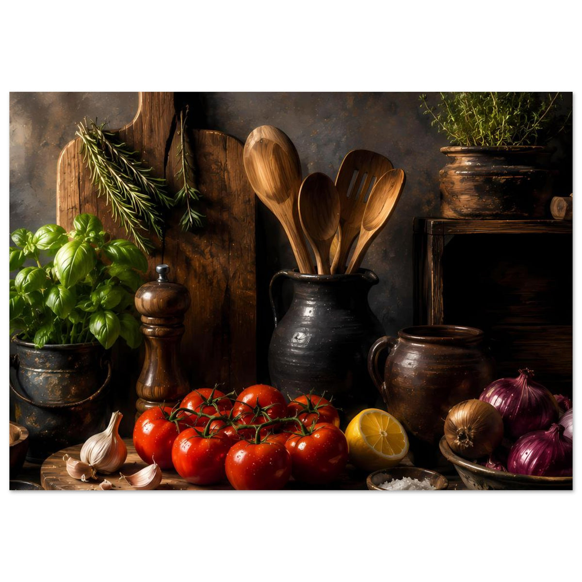 Küchenmotiv-Poster mit Tomaten, Holzlöffeln im Keramikkrug, Zwiebeln und Kräuterzweig