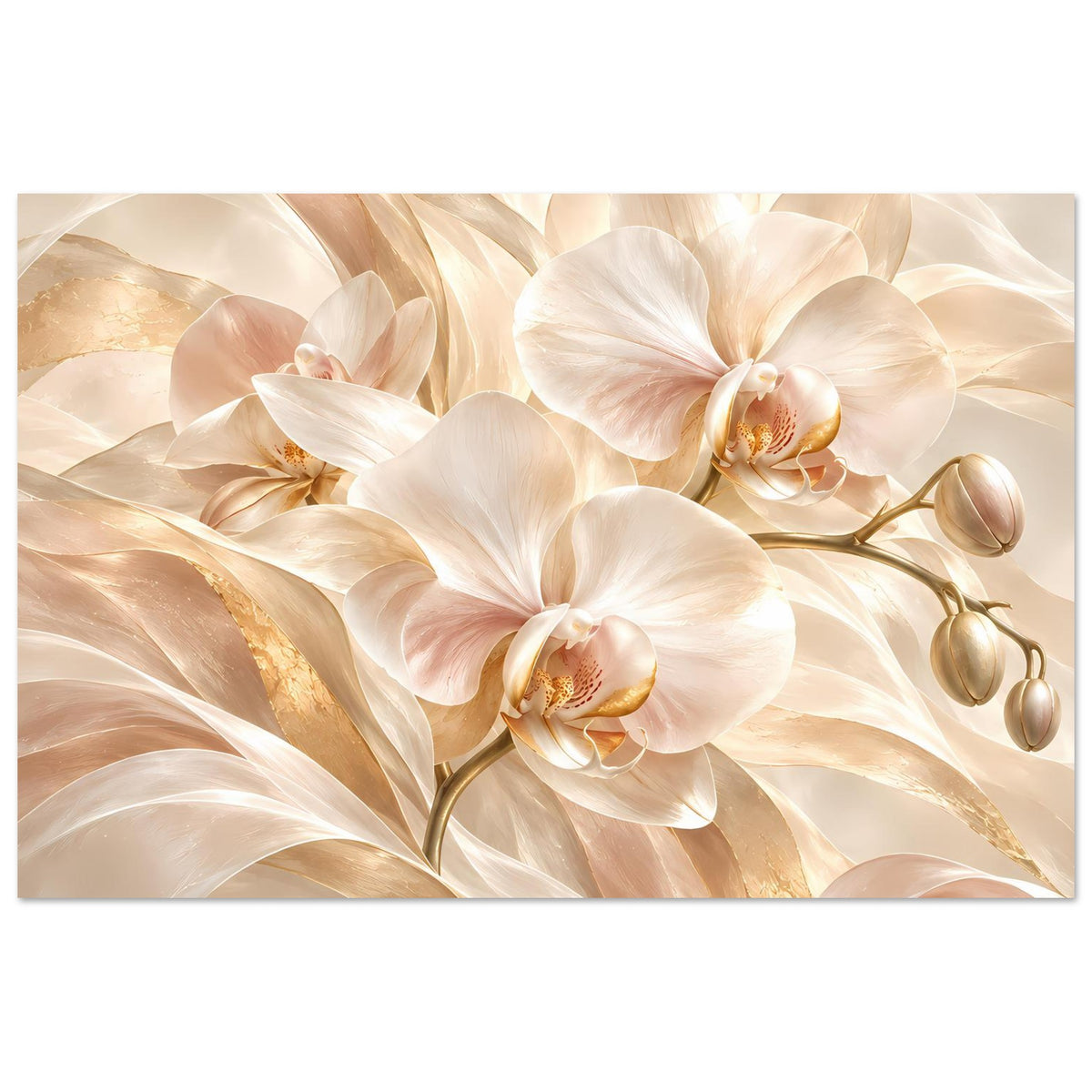 Orchideenposter mit weißen Blüten und goldenen Akzenten auf cremefarbenem Hintergrund
