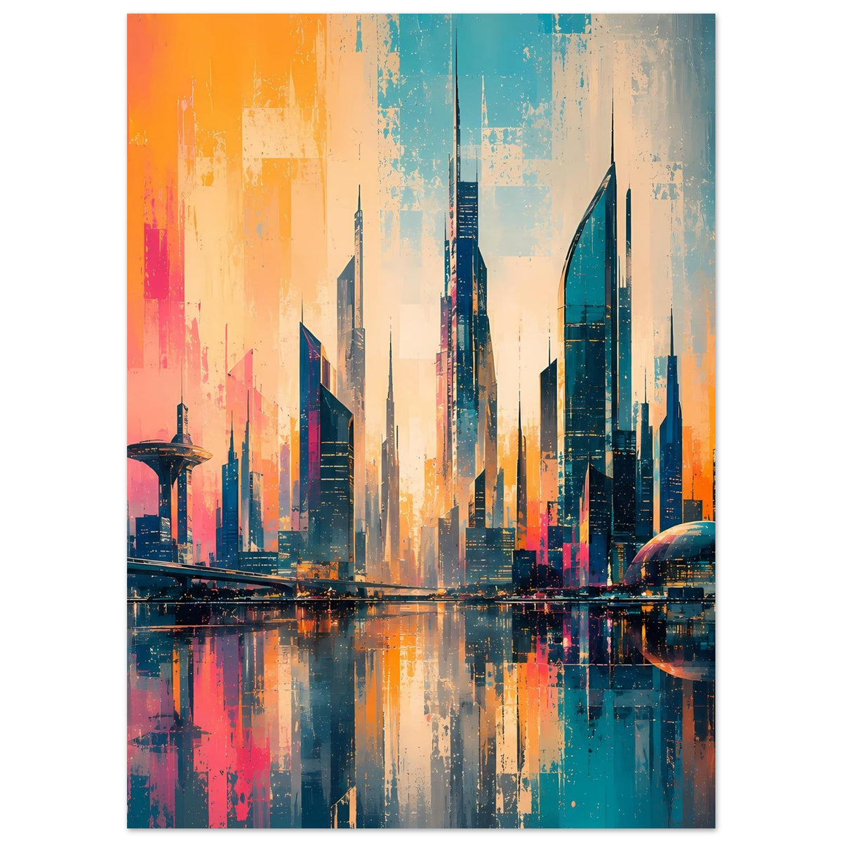 Vertikales Poster mit futuristischer City: Türme, Kuppelbau und Spiegelung in farbigen Fluten