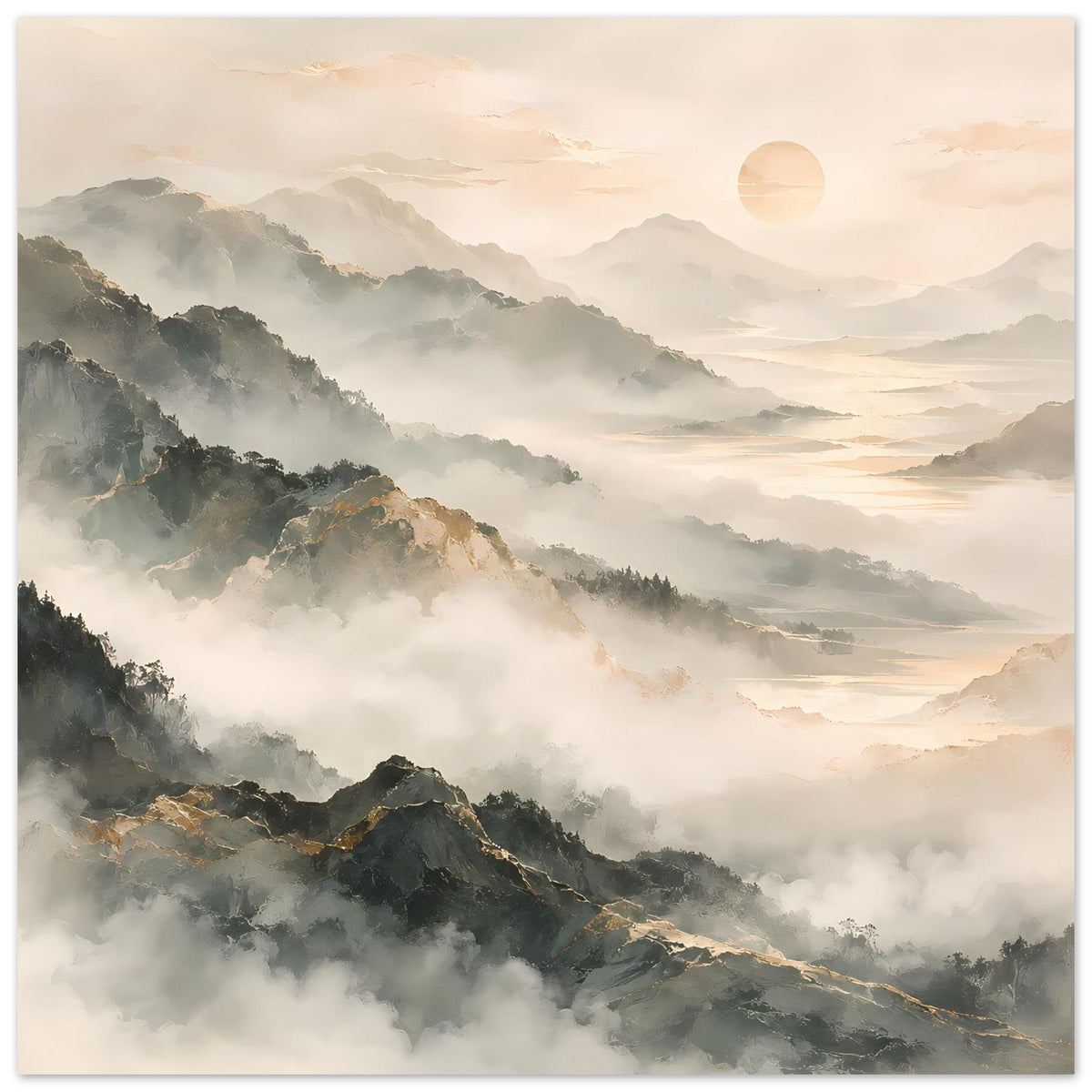Poster im Hochformat: Berge im Nebel, feine Dunstlinien und goldenes Himmelslicht