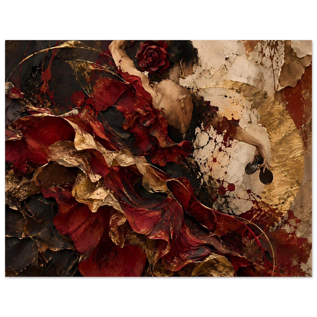 Wandkunst-Poster: Frau mit roter Rose, roter Stoffwirbel über dunklem Grund