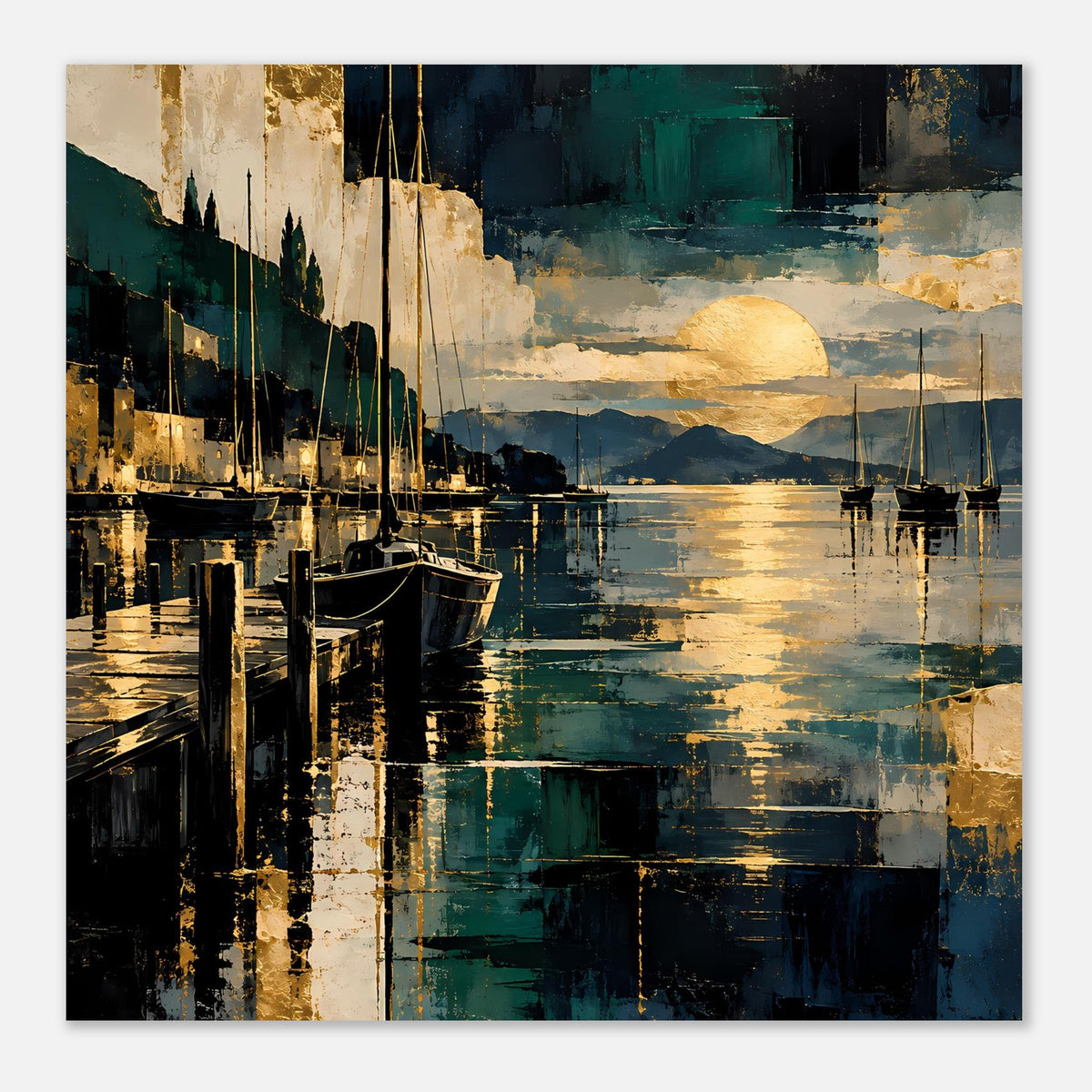 Poster mit Segelbooten im Hafen, goldener Sonnenball, Blaugrün und Goldakzente