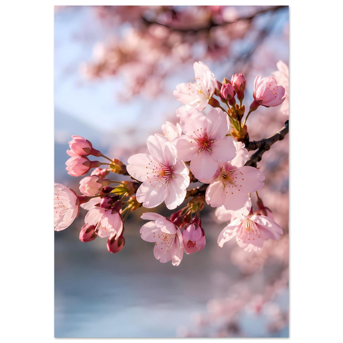 Hochformat-Poster mit rosa Kirschblüten an dunklem Ast, weißer Rand