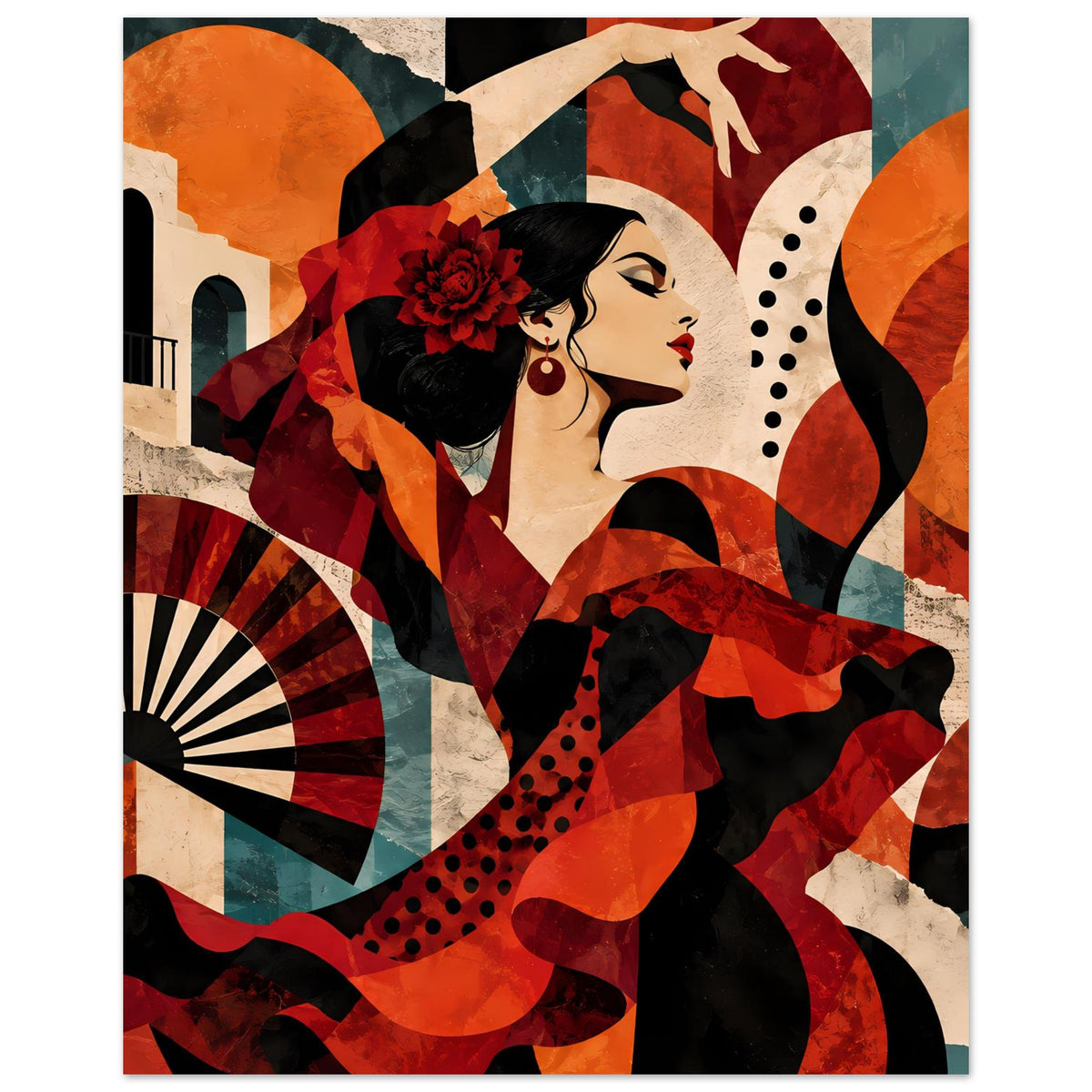 Tanzposter mit Flamenco-Tänzerin im Profil und rotem Blumen-Haarteil, Grafik in Rot/Schwarz.