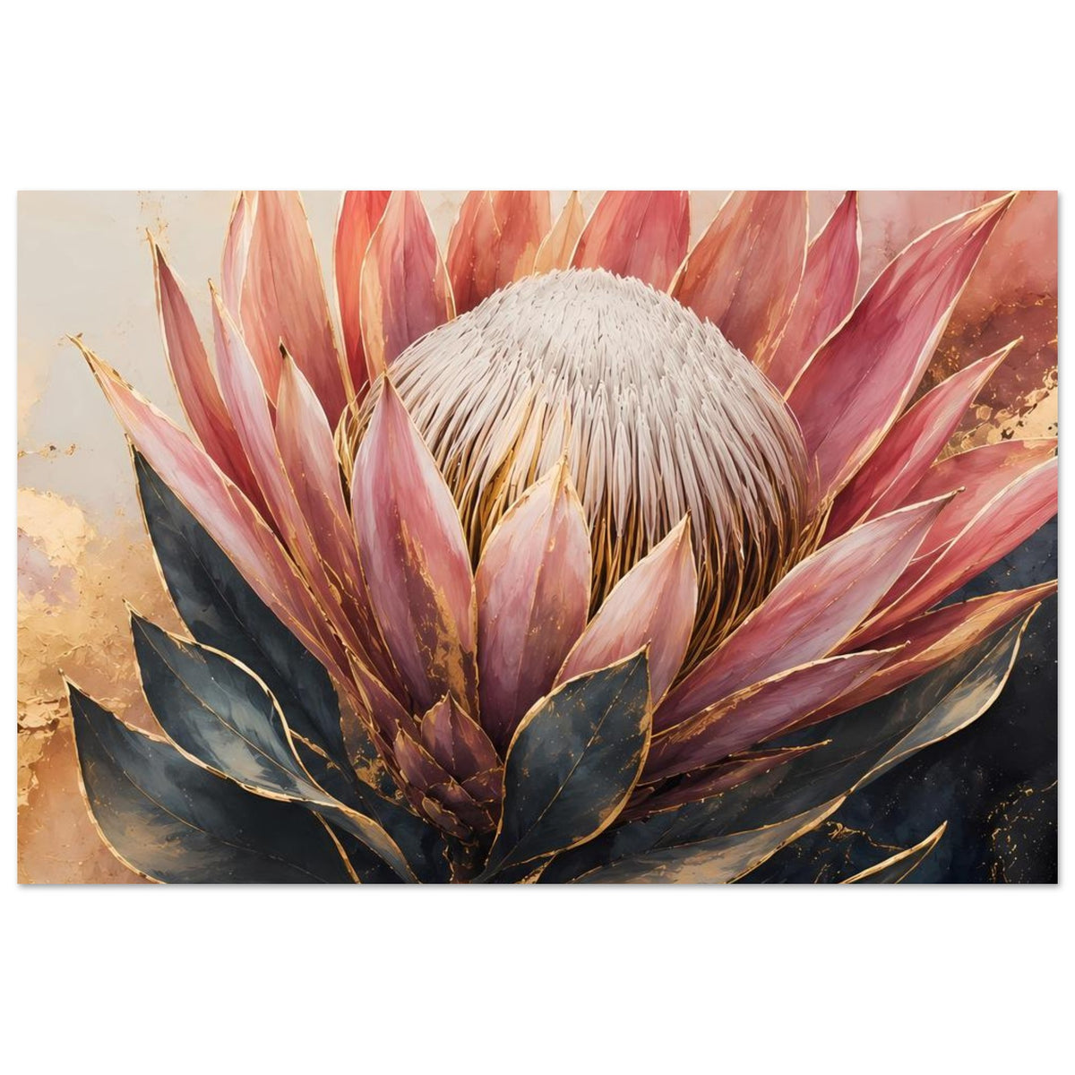 Botanisches Poster mit Königsprotea: altrosa Blüten, goldene Schattierungen und dunkle Blätter