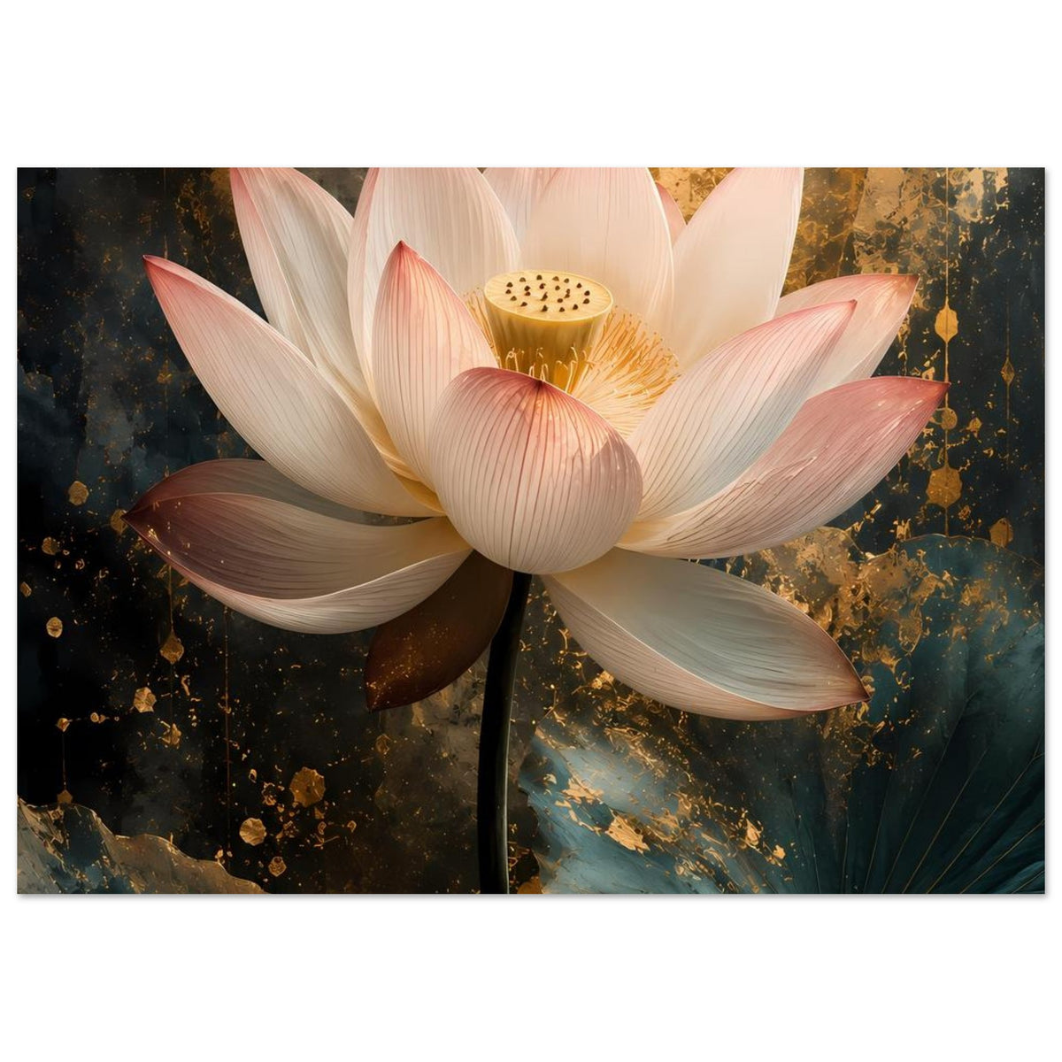 Poster mit weißer Lotusblüte, goldener Mitte und sichtbarem Stängelbereich im Bild