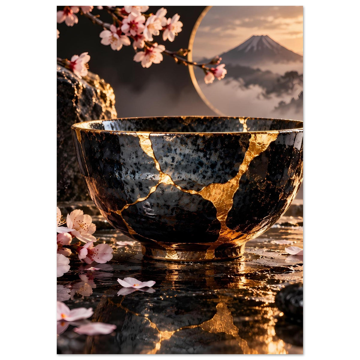 Kintsugi-Elegance-Poster: schwarze Schale mit goldenen Risslinien, Kirschblüten